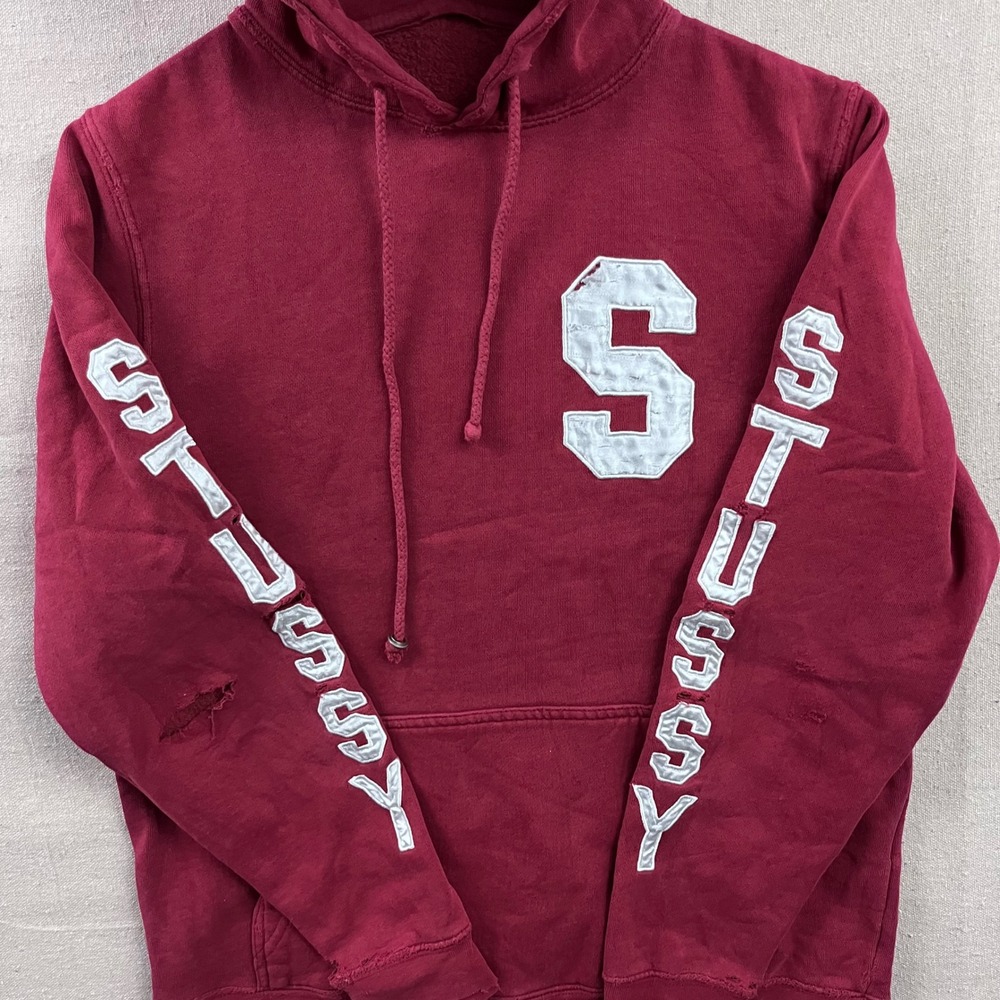 Stussy Hoodie Mens M Burgundy Distressed Spellout Sleeve S Patch Streetwear